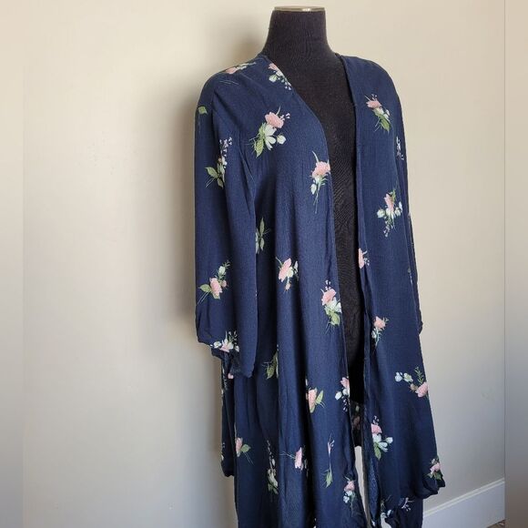 Hopely Navy Floral Kimono Duster Shrug Lightweight Bohemian Indie Gypsy Medium - Picture 10 of 12